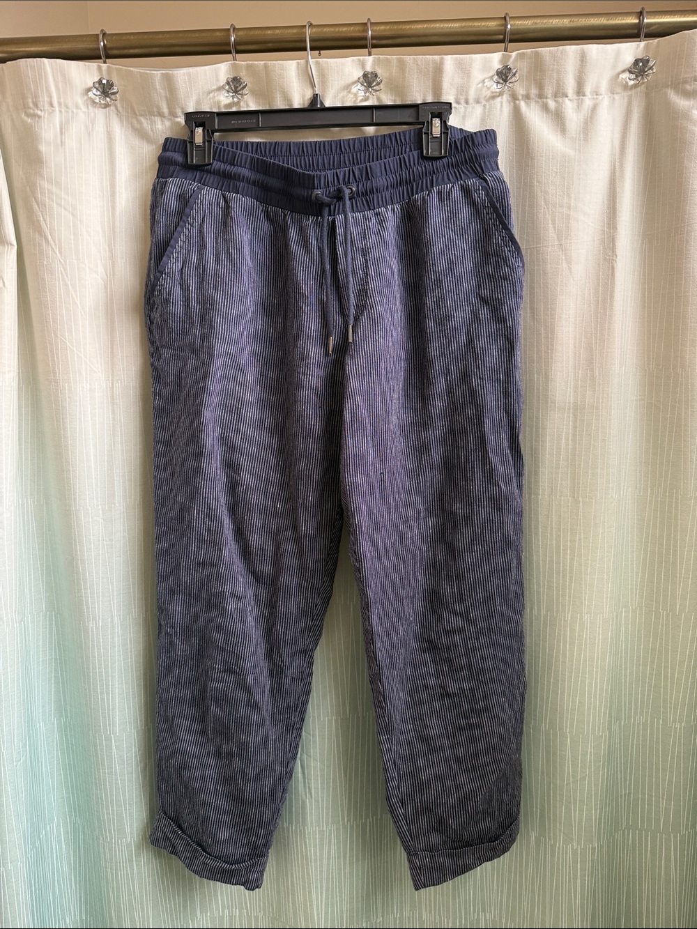 Women's Bali linen Navy with white pinstripes Cropped  Drawstring Pants
